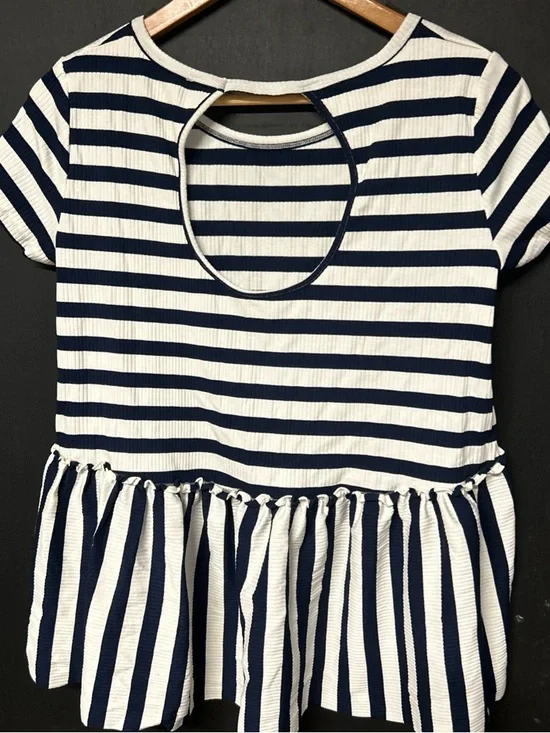 She + Sky Navy and White Striped Peplum Top - Picture 3 of 5